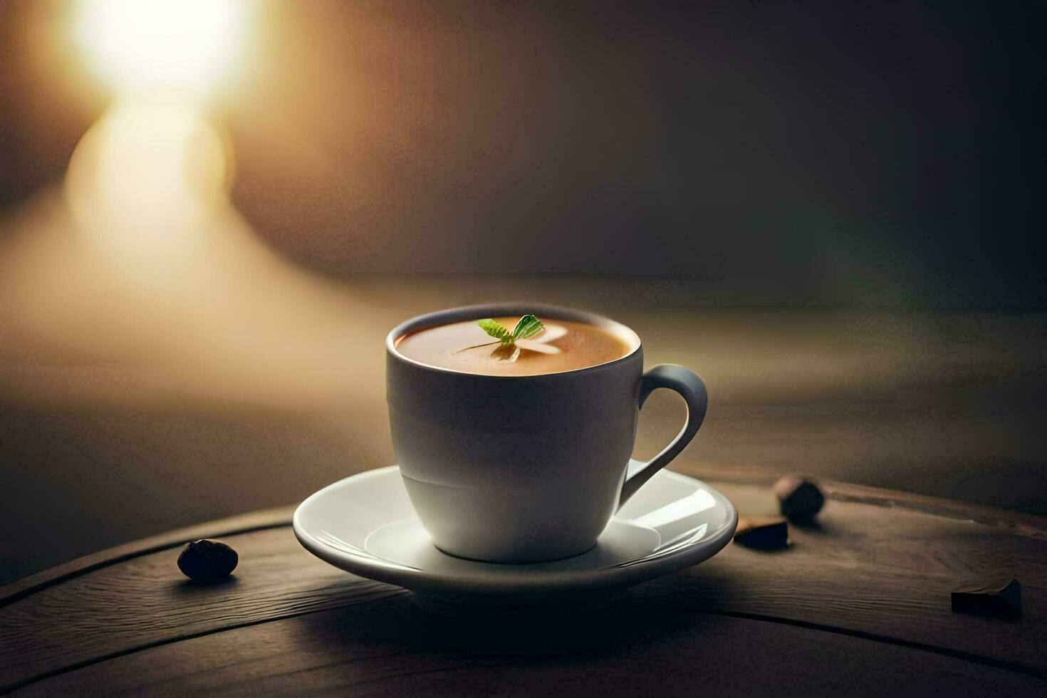 un' tazza di caffè con un' verde foglia su superiore. ai-generato foto