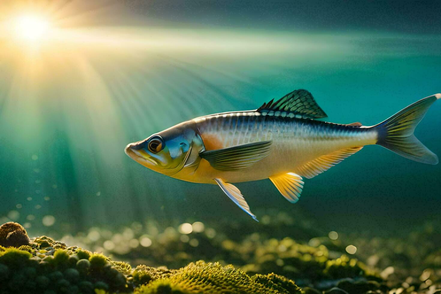 un' pesce nuoto nel il oceano con il sole splendente. ai-generato foto