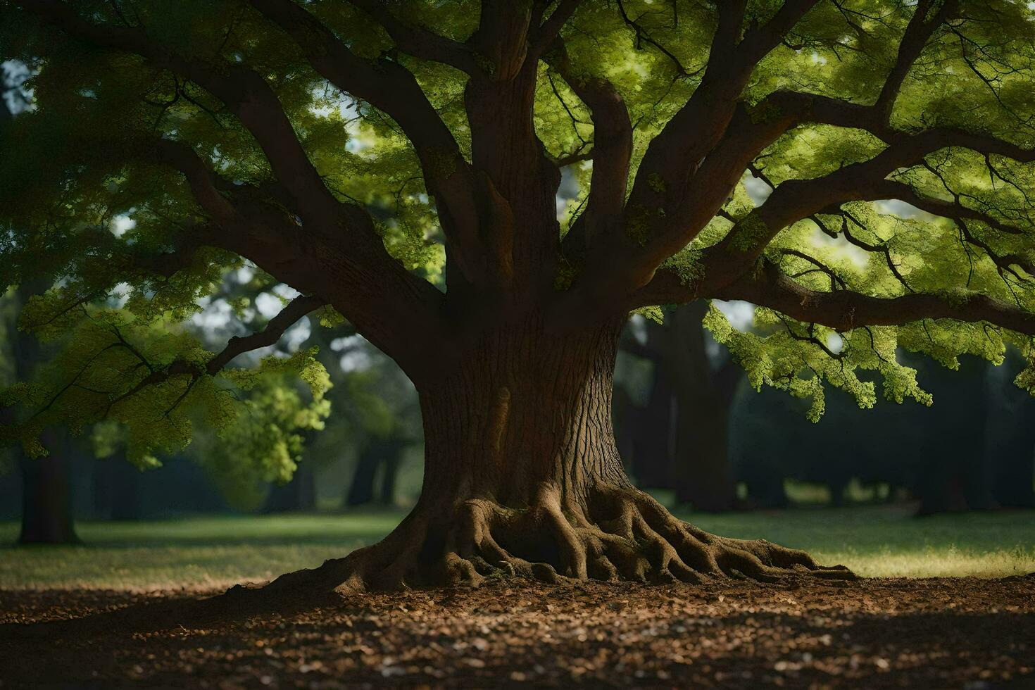 un' grande albero con radici nel il terra. ai-generato foto