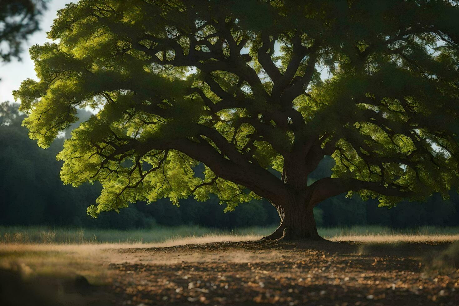 un' grande albero è in piedi nel il mezzo di un' campo. ai-generato foto