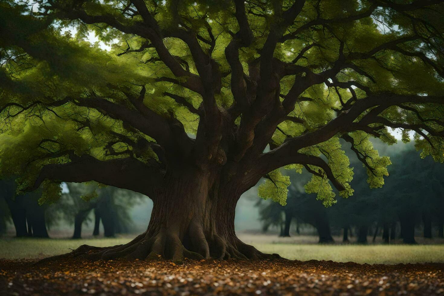 un' grande albero nel il mezzo di un' campo. ai-generato foto