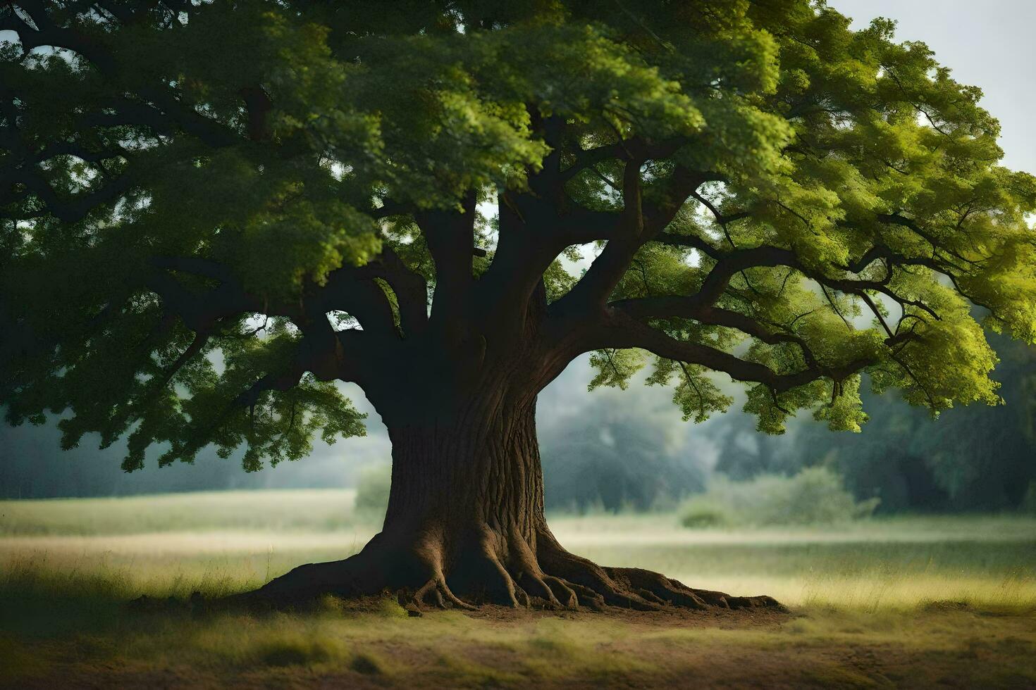 un vecchio quercia albero nel un' campo. ai-generato foto