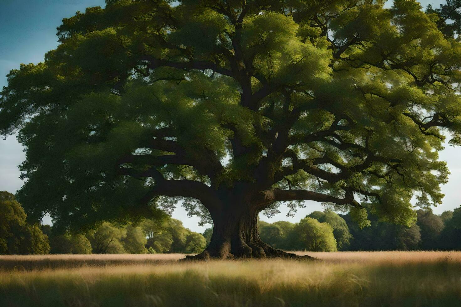 un quercia albero nel un' campo con erba e alberi. ai-generato foto