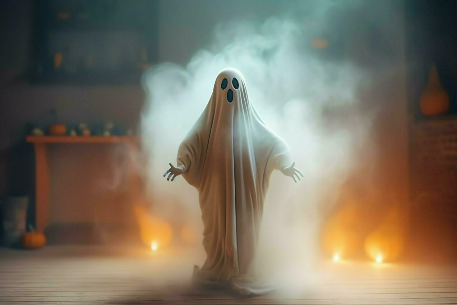 umano nel spaventoso fantasmi costume volante dentro il vecchio Casa a notte. spaventoso Halloween sfondo con fantasma. fantasma su Halloween celebrazione concetto di ai generato foto