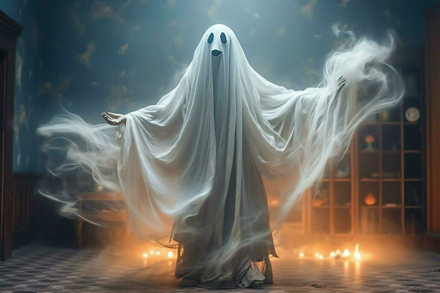 umano nel spaventoso fantasmi costume volante dentro il vecchio Casa a notte. spaventoso Halloween sfondo con fantasma. fantasma su Halloween celebrazione concetto di ai generato foto