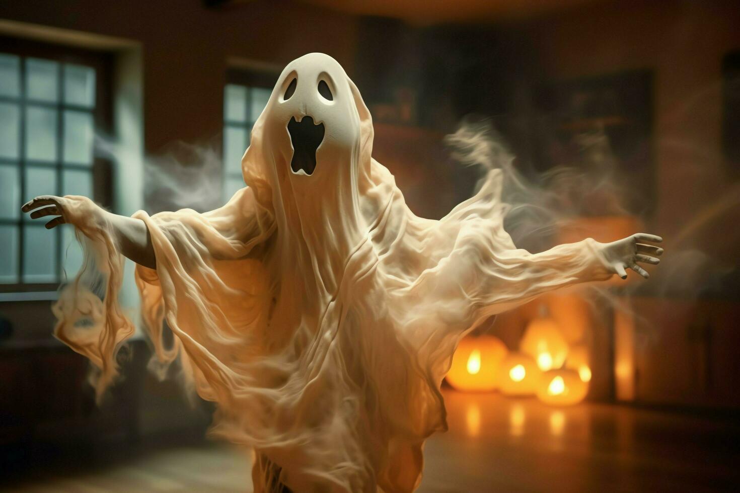 umano nel spaventoso fantasmi costume volante dentro il vecchio Casa a notte. spaventoso Halloween sfondo con fantasma. fantasma su Halloween celebrazione concetto di ai generato foto