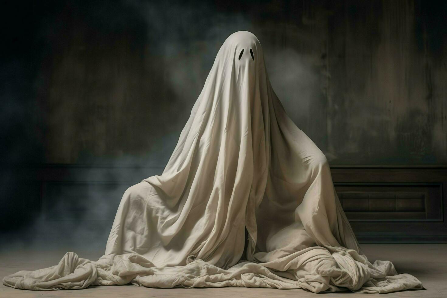 umano nel spaventoso fantasmi costume volante dentro il vecchio Casa a notte. spaventoso Halloween sfondo con fantasma. fantasma su Halloween celebrazione concetto di ai generato foto