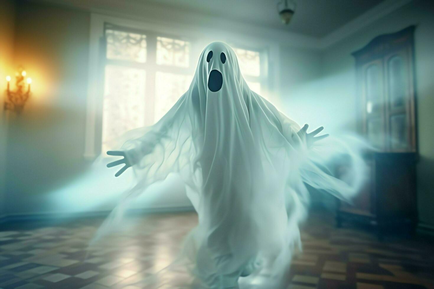 umano nel spaventoso fantasmi costume volante dentro il vecchio Casa a notte. spaventoso Halloween sfondo con fantasma. fantasma su Halloween celebrazione concetto di ai generato foto