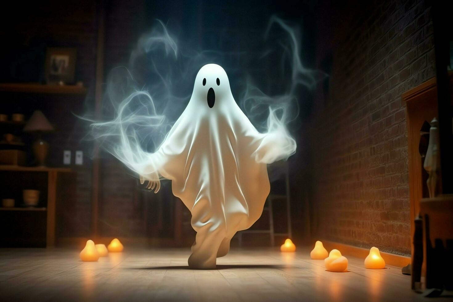 umano nel spaventoso fantasmi costume volante dentro il vecchio Casa a notte. spaventoso Halloween sfondo con fantasma. fantasma su Halloween celebrazione concetto di ai generato foto