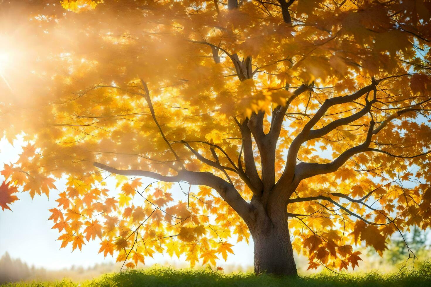 autunno albero con sole splendente attraverso le foglie. ai-generato foto