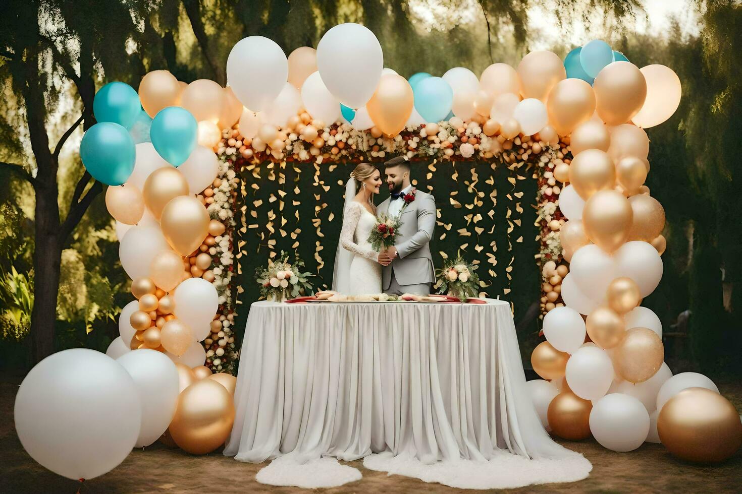 nozze coppia sotto un' Palloncino arco. ai-generato foto