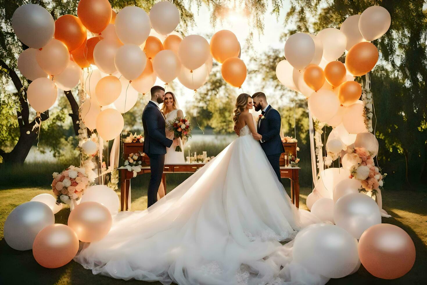 nozze coppia sotto il arco di palloncini. ai-generato foto