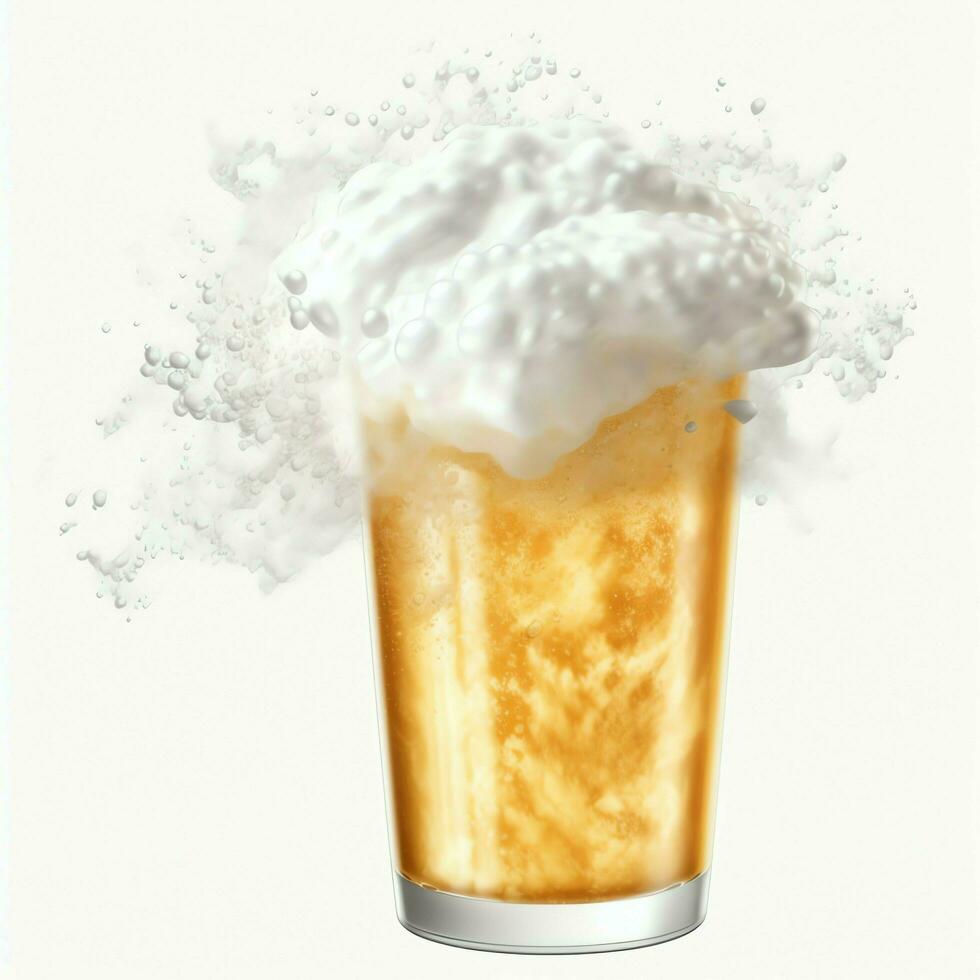un' bicchiere di freddo fresco birra con berretto di schiuma. spruzzo di schiuma con gustoso americano birra. birra giorno concetto di ai generato foto