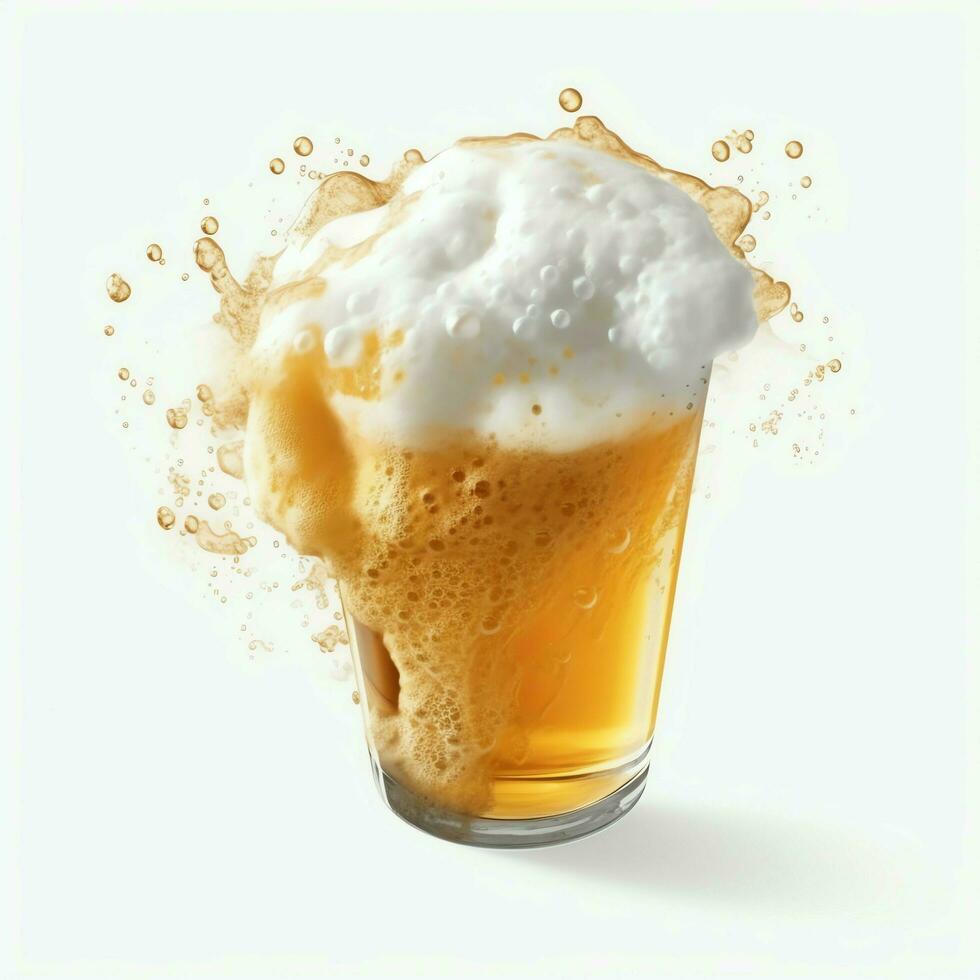 un' bicchiere di freddo fresco birra con berretto di schiuma. spruzzo di schiuma con gustoso americano birra. birra giorno concetto di ai generato foto