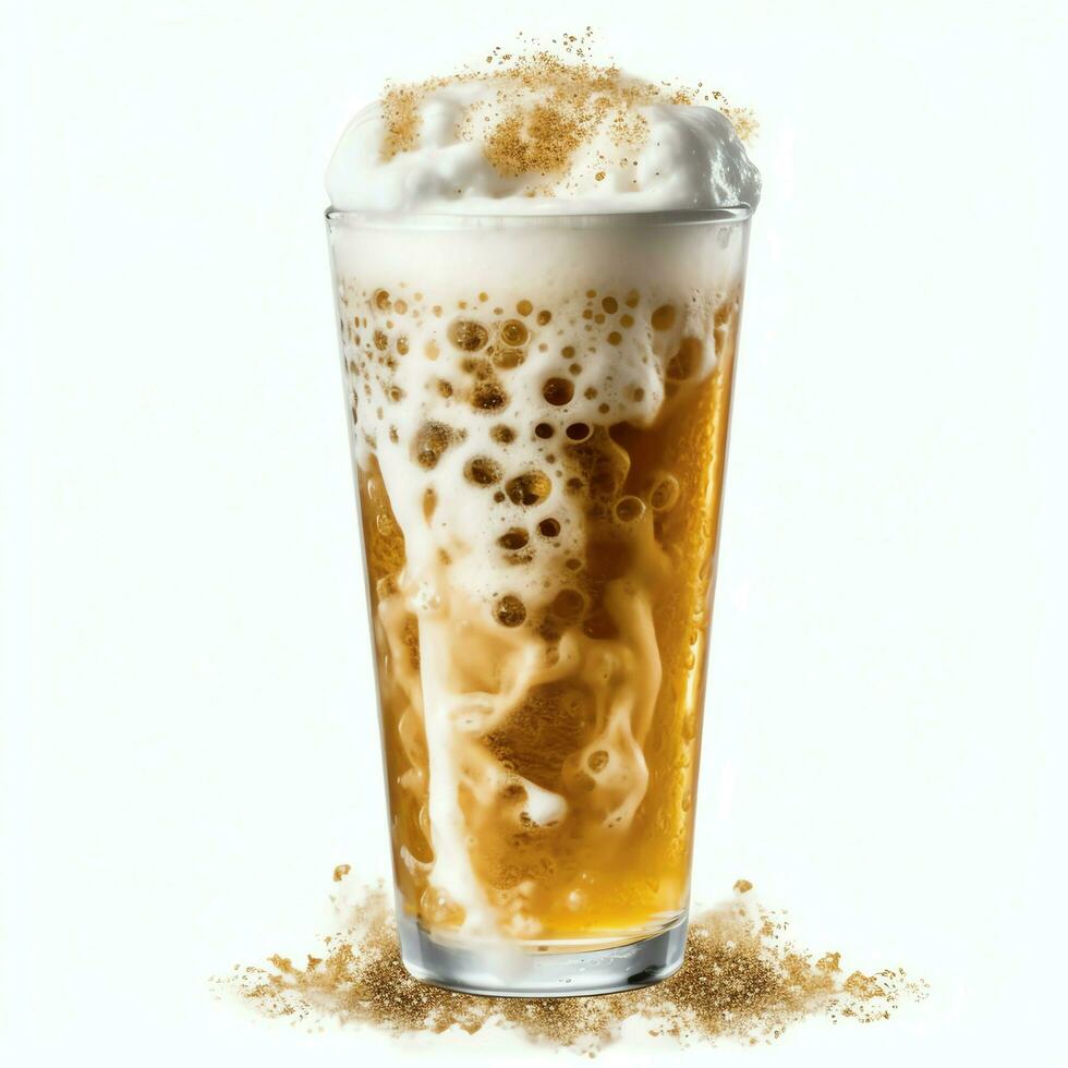 un' bicchiere di freddo fresco birra con berretto di schiuma. spruzzo di schiuma con gustoso americano birra. birra giorno concetto di ai generato foto