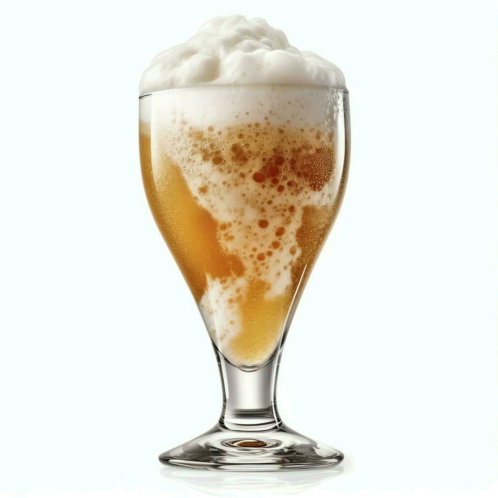 un' bicchiere di freddo fresco birra con berretto di schiuma. spruzzo di schiuma con gustoso americano birra. birra giorno concetto di ai generato foto