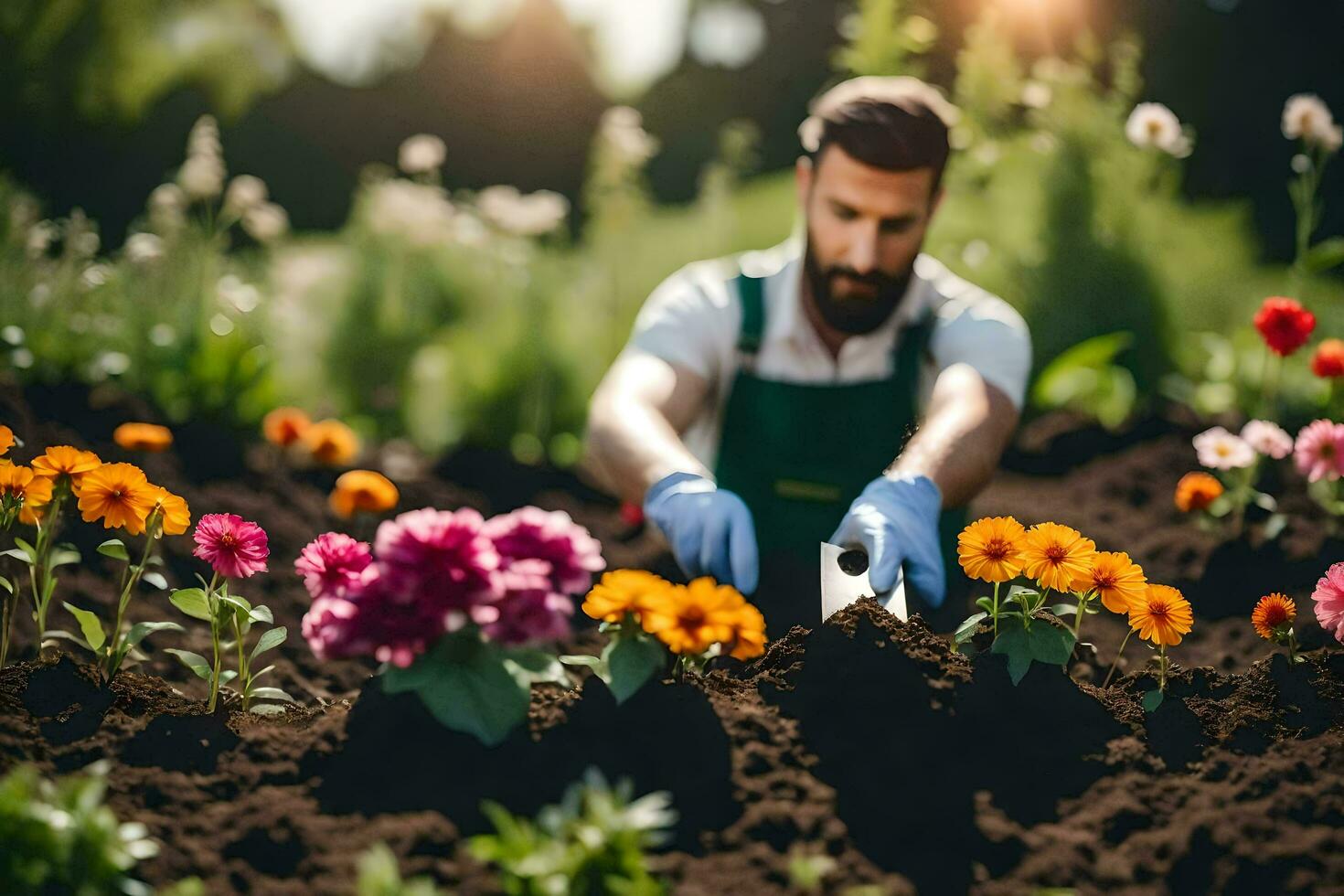 un' uomo è Lavorando nel il giardino con fiori. ai-generato foto