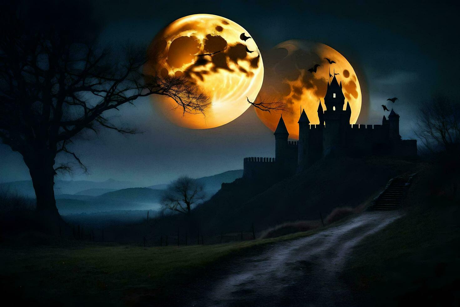 Halloween castello, Luna, chiaro di luna, chiaro di luna castello, chiaro di luna, chiaro di luna castello. ai-generato foto