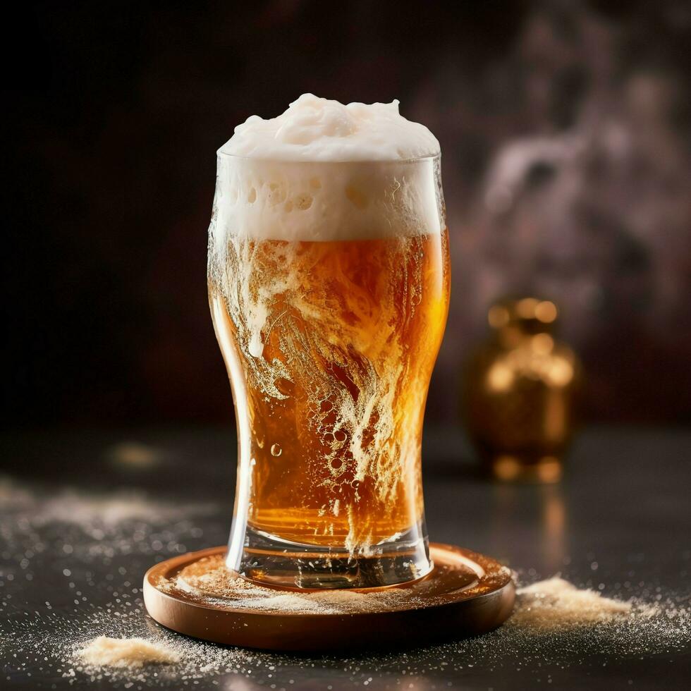 un' bicchiere di freddo fresco birra con berretto di schiuma. spruzzo di schiuma con gustoso americano birra. birra giorno concetto di ai generato foto