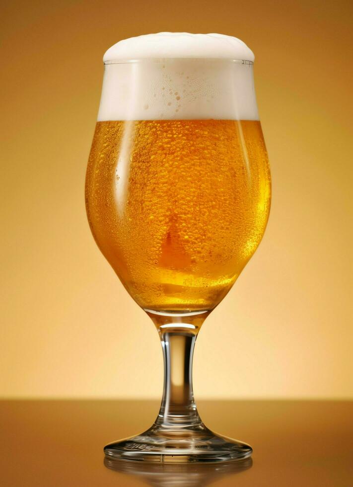 un' bicchiere di freddo fresco birra con berretto di schiuma. spruzzo di schiuma con gustoso americano birra. birra giorno concetto di ai generato foto