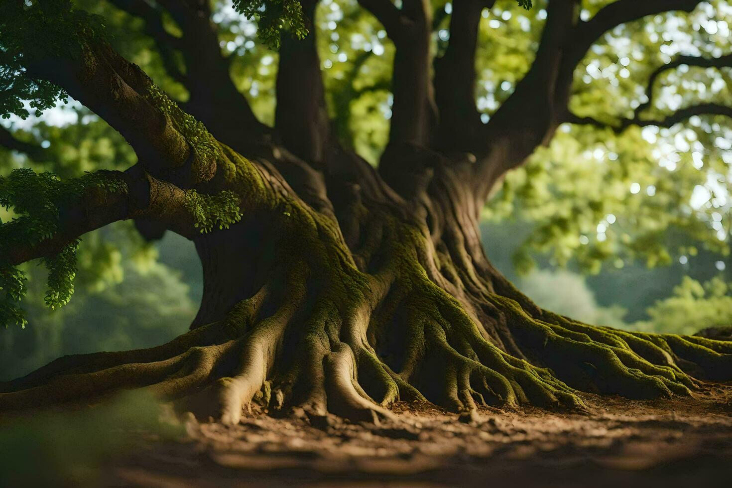 un' grande albero con radici nel il mezzo di un' foresta. ai-generato foto