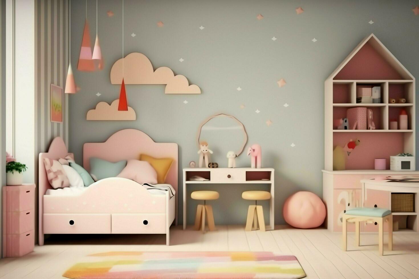 moderno bambino Camera da letto interno design nel Casa con decorazione bambini. colorato bambini Camera da letto concetto di ai generato foto