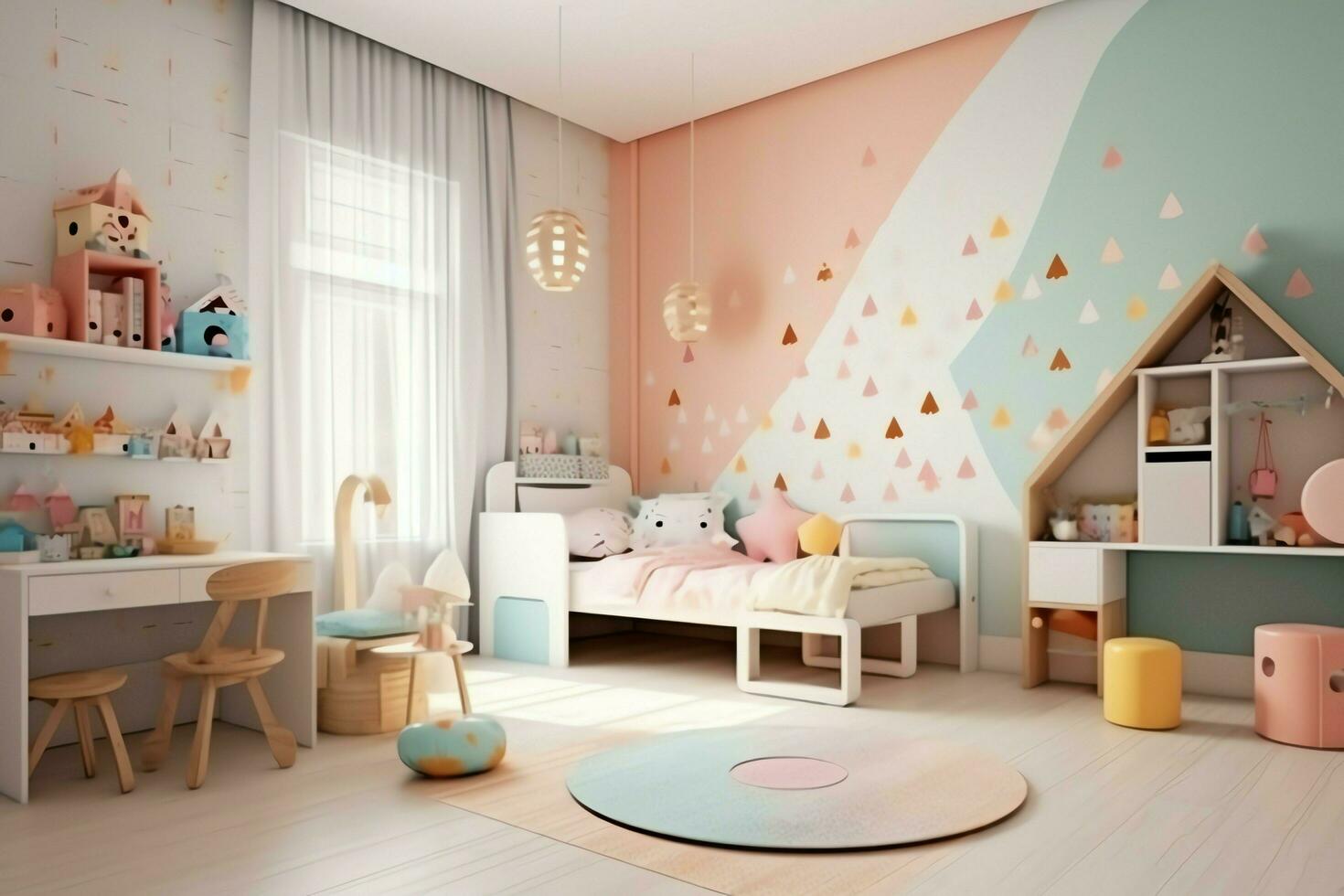 moderno bambino Camera da letto interno design nel Casa con decorazione bambini. colorato bambini Camera da letto concetto di ai generato foto