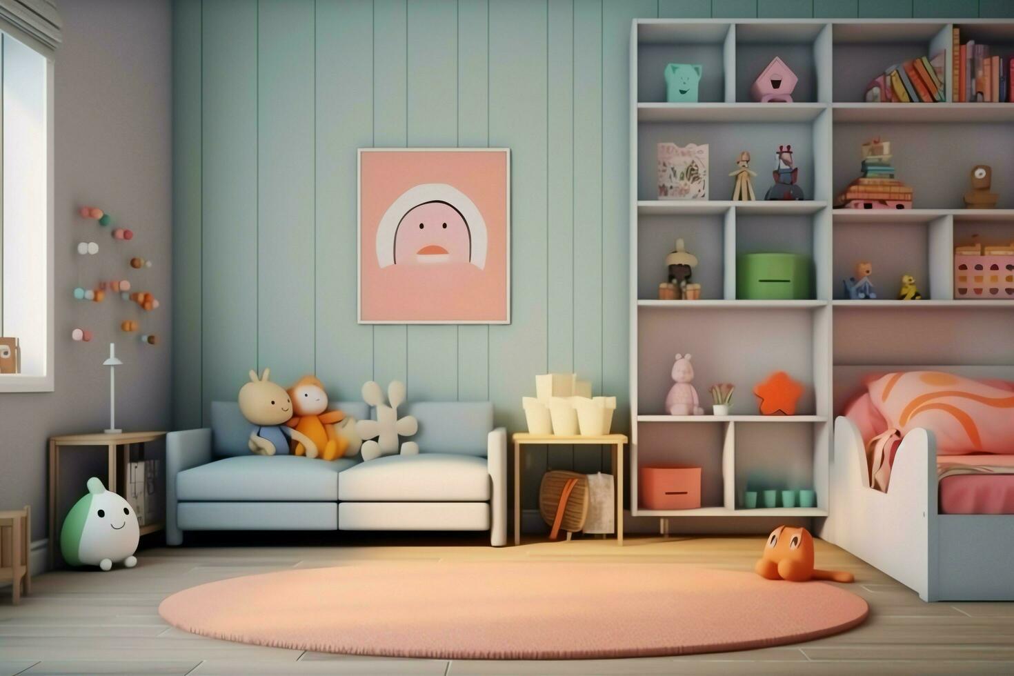 moderno bambino Camera da letto interno design nel Casa con decorazione bambini. colorato bambini Camera da letto concetto di ai generato foto