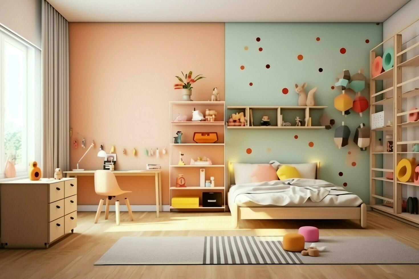 moderno bambino Camera da letto interno design nel Casa con decorazione bambini. colorato bambini Camera da letto concetto di ai generato foto