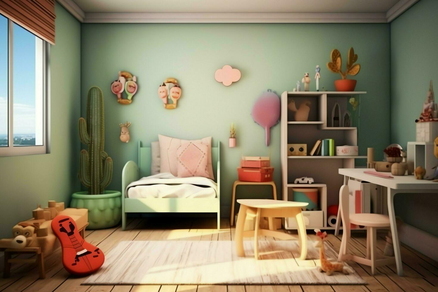 moderno bambino Camera da letto interno design nel Casa con decorazione bambini. colorato bambini Camera da letto concetto di ai generato foto