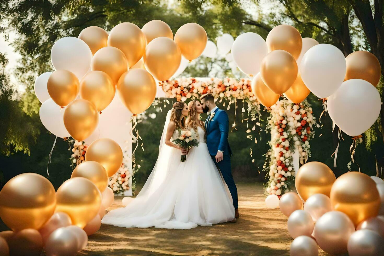 nozze coppia sotto un' d'oro e bianca Palloncino arco. ai-generato foto