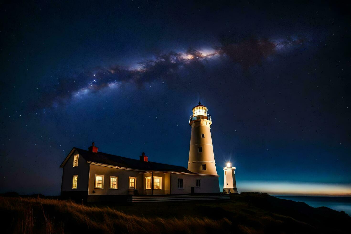 il latteo modo al di sopra di il faro e il oceano. ai-generato foto