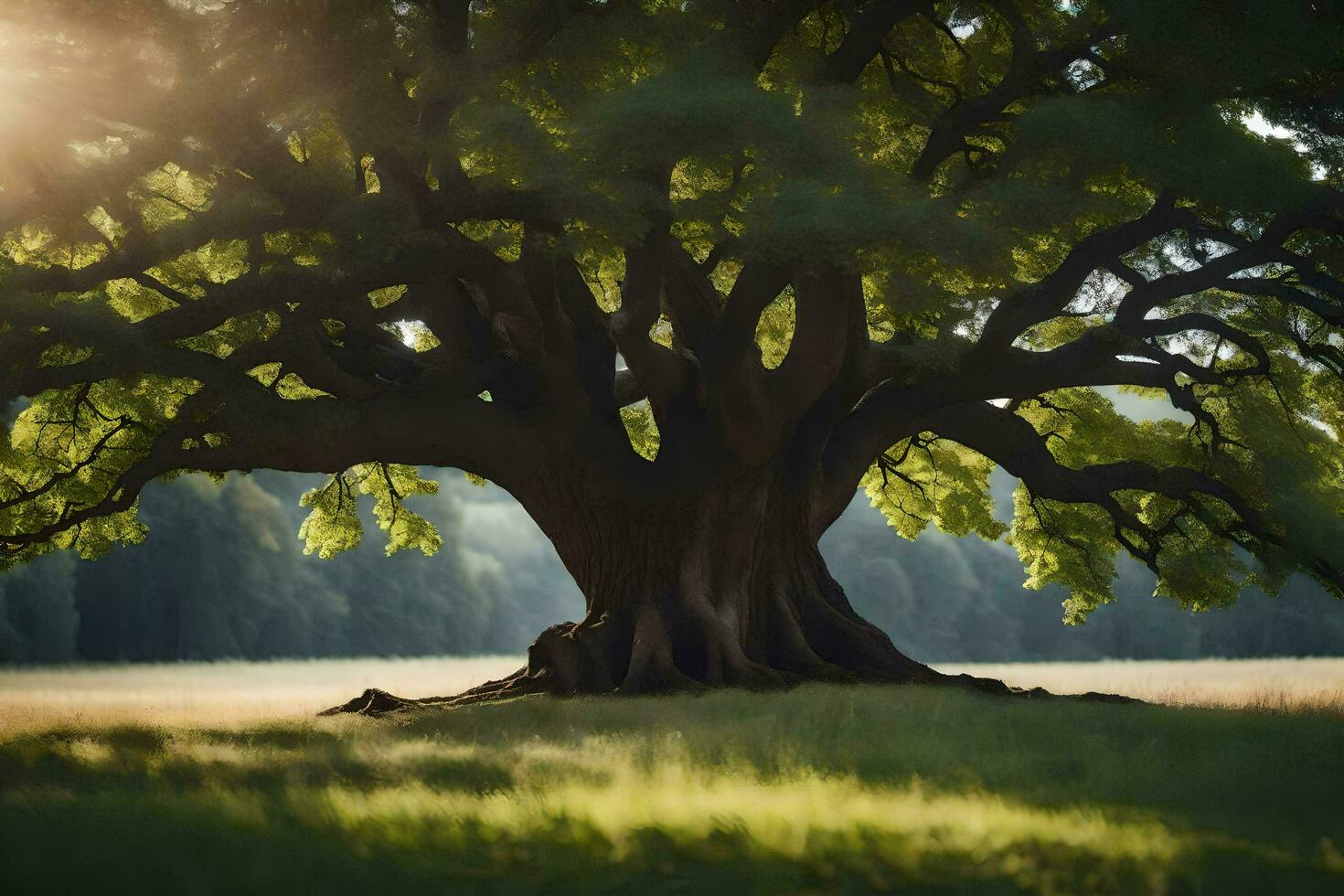 il sole brilla attraverso il tronco di un vecchio quercia albero. ai-generato foto