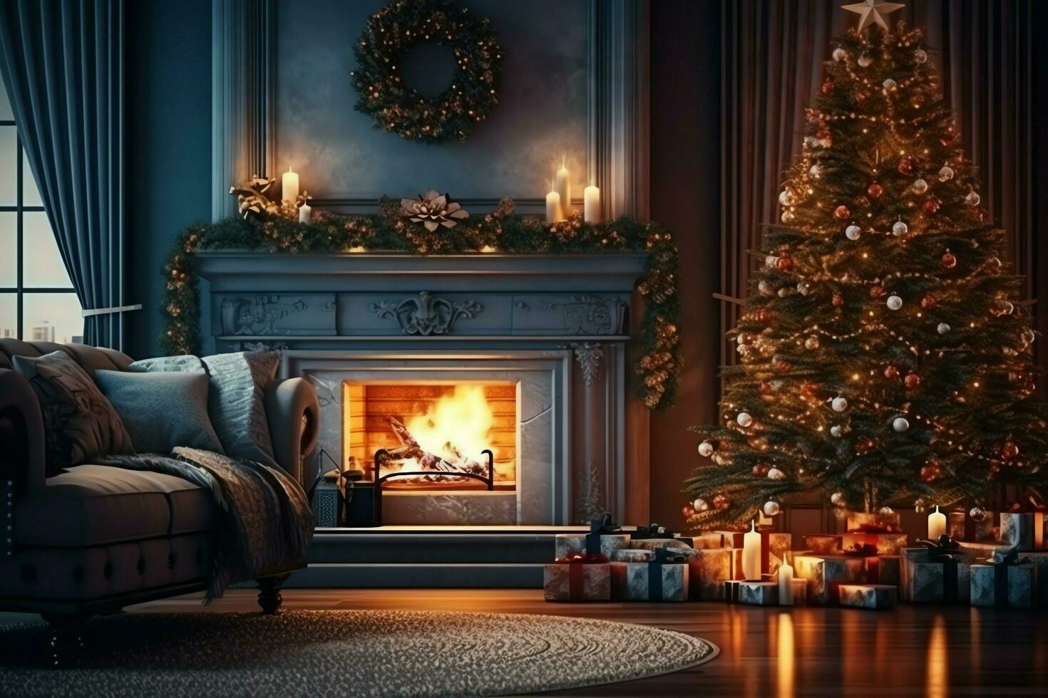 accogliente vivente camera con camino e bellissimo Natale albero nel classico interno. interno di vivente camera decorato per allegro Natale con calzini, regalo scatole e Natale Accessori di ai generato foto