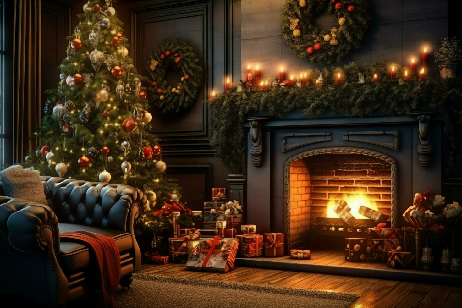 accogliente vivente camera con camino e bellissimo Natale albero nel classico interno. interno di vivente camera decorato per allegro Natale con calzini, regalo scatole e Natale Accessori di ai generato foto