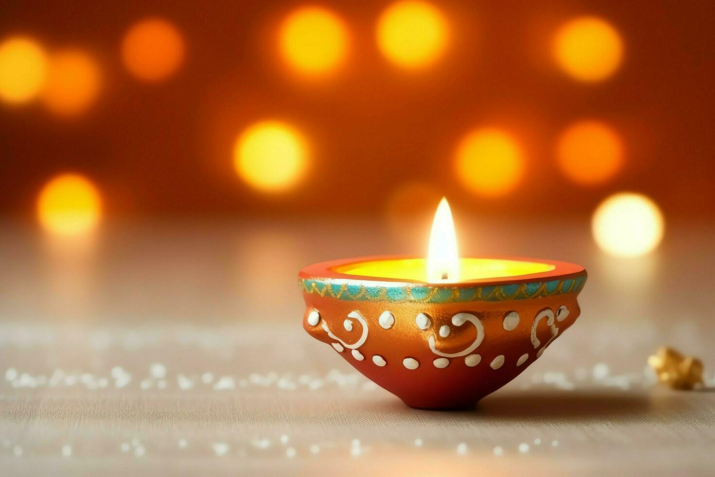 contento Diwali o Deepavali tradizionale indiano Festival con argilla diya olio lampada. indiano indù Festival di leggero simbolo con candela e luce. argilla diya lampada illuminato durante Diwali celebrazione di ai generato foto