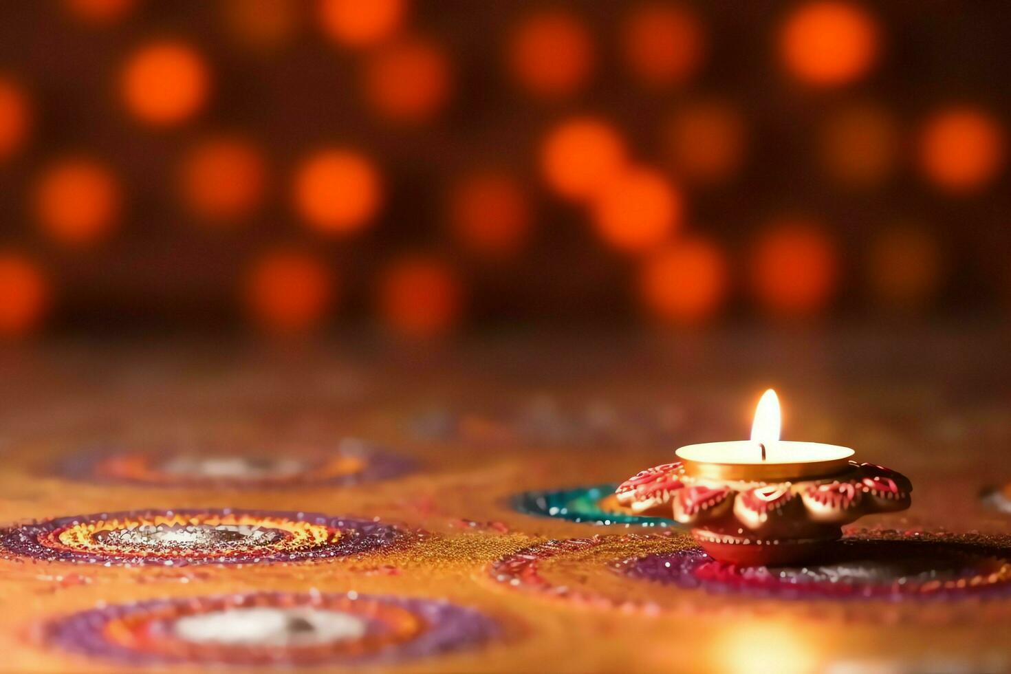 contento Diwali o Deepavali tradizionale indiano Festival con argilla diya olio lampada. indiano indù Festival di leggero simbolo con candela e luce. argilla diya lampada illuminato durante Diwali celebrazione di ai generato foto