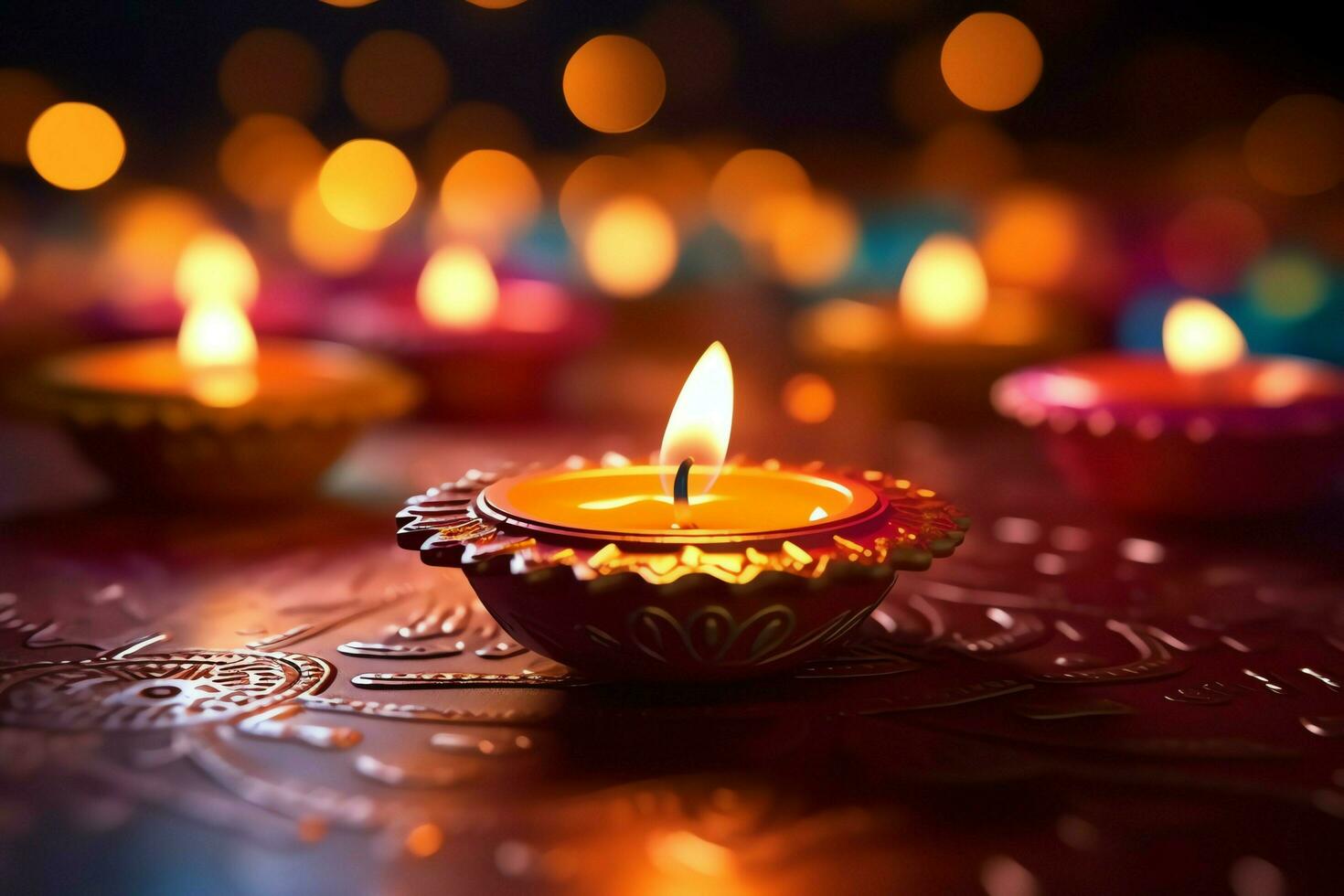 contento Diwali o Deepavali tradizionale indiano Festival con argilla diya olio lampada. indiano indù Festival di leggero simbolo con candela e luce. argilla diya lampada illuminato durante Diwali celebrazione di ai generato foto