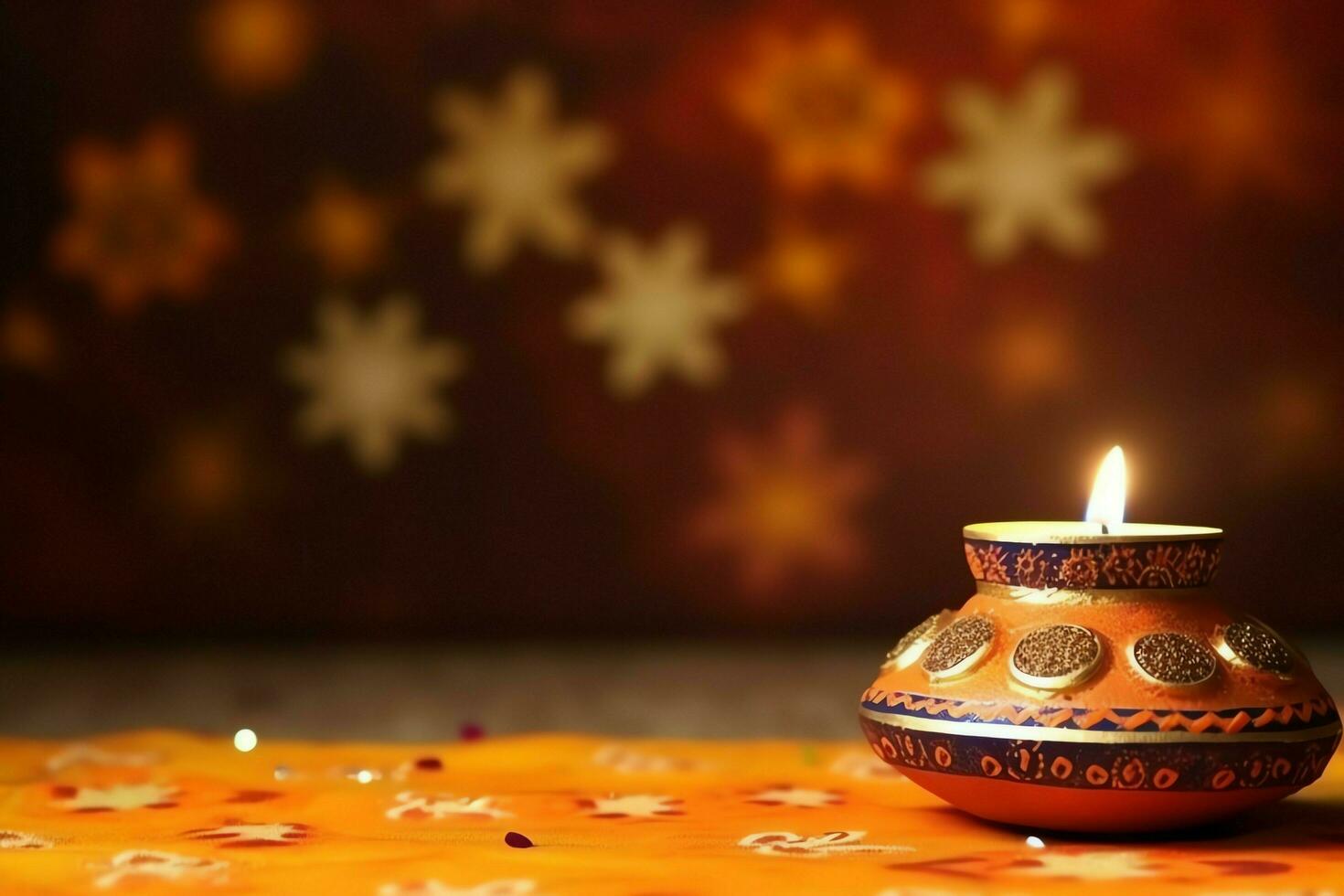 contento Diwali o Deepavali tradizionale indiano Festival con argilla diya olio lampada. indiano indù Festival di leggero simbolo con candela e luce. argilla diya lampada illuminato durante Diwali celebrazione di ai generato foto