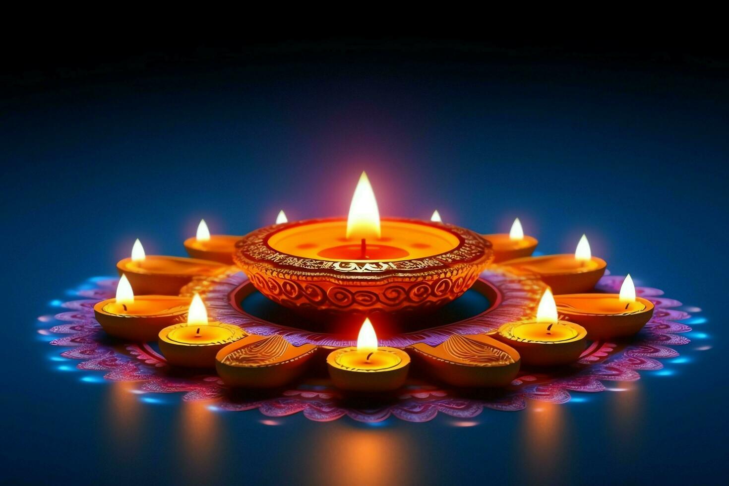 contento Diwali o Deepavali tradizionale indiano Festival con argilla diya olio lampada. indiano indù Festival di leggero simbolo con candela e luce. argilla diya lampada illuminato durante Diwali celebrazione di ai generato foto