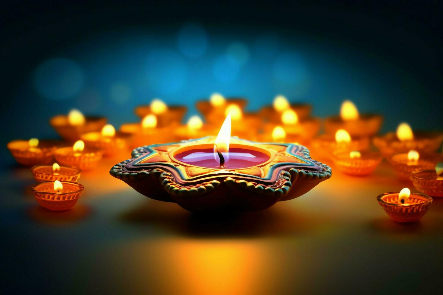 contento Diwali o Deepavali tradizionale indiano Festival con argilla diya olio lampada. indiano indù Festival di leggero simbolo con candela e luce. argilla diya lampada illuminato durante Diwali celebrazione di ai generato foto