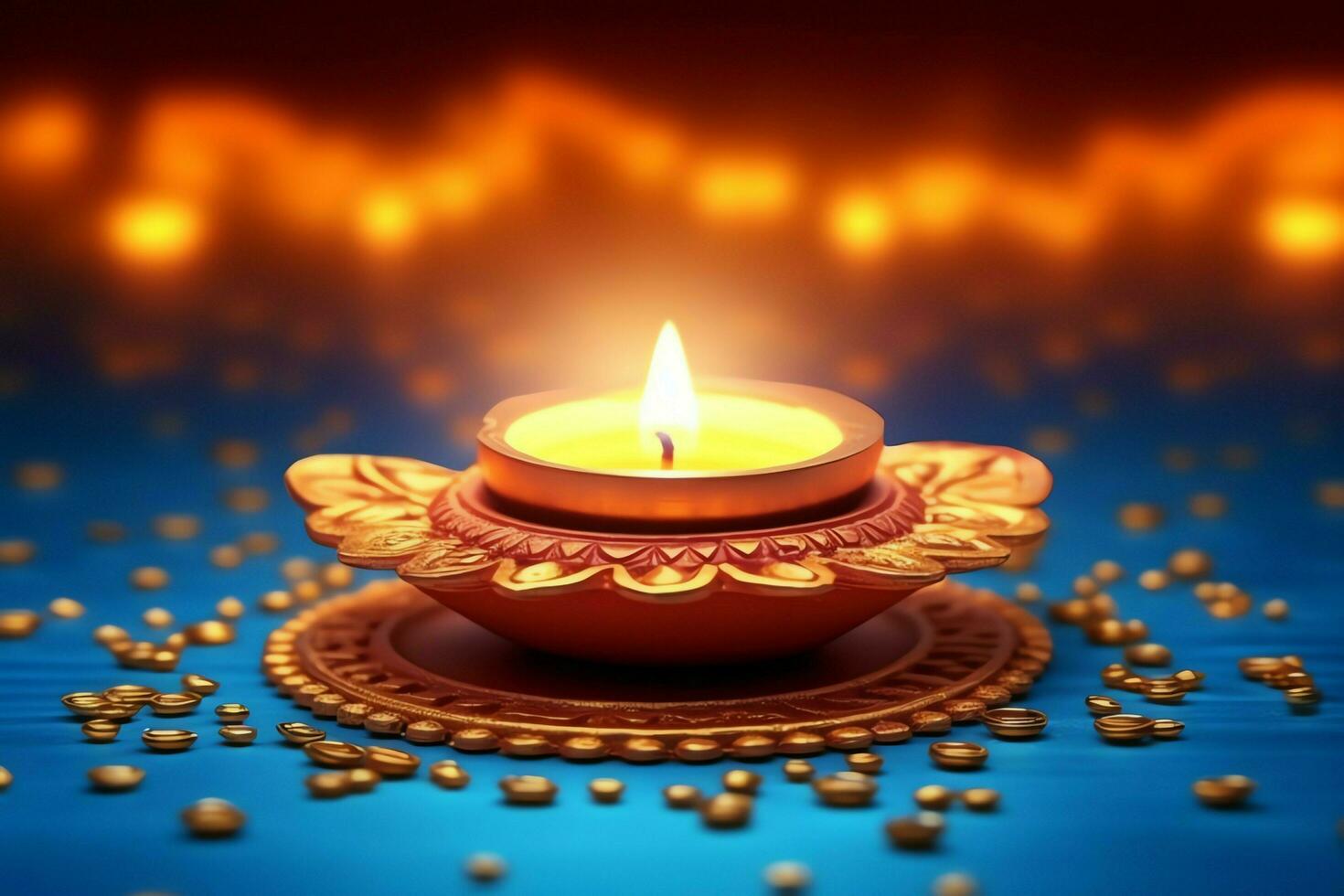 contento Diwali o Deepavali tradizionale indiano Festival con argilla diya olio lampada. indiano indù Festival di leggero simbolo con candela e luce. argilla diya lampada illuminato durante Diwali celebrazione di ai generato foto