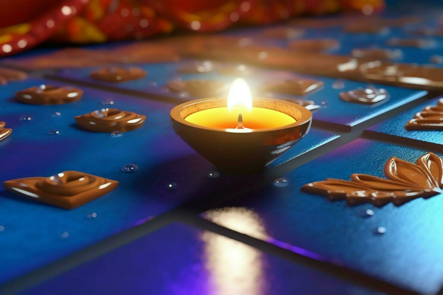 contento Diwali o Deepavali tradizionale indiano Festival con argilla diya olio lampada. indiano indù Festival di leggero simbolo con candela e luce. argilla diya lampada illuminato durante Diwali celebrazione di ai generato foto