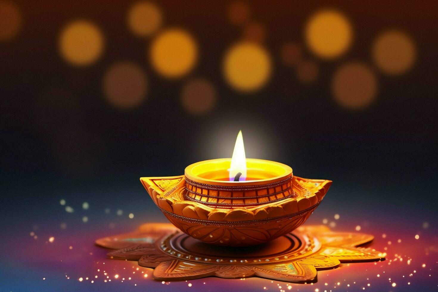 contento Diwali o Deepavali tradizionale indiano Festival con argilla diya olio lampada. indiano indù Festival di leggero simbolo con candela e luce. argilla diya lampada illuminato durante Diwali celebrazione di ai generato foto