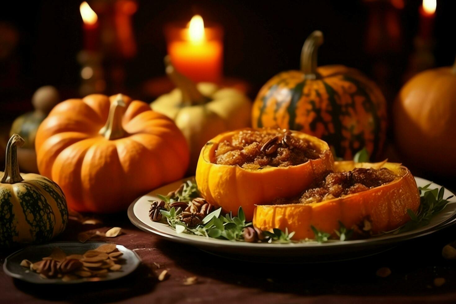 ringraziamento giorno o autunno composizione con zucca, arance, le foglie o pollo. ringraziamento cibo concetto di ai generato foto