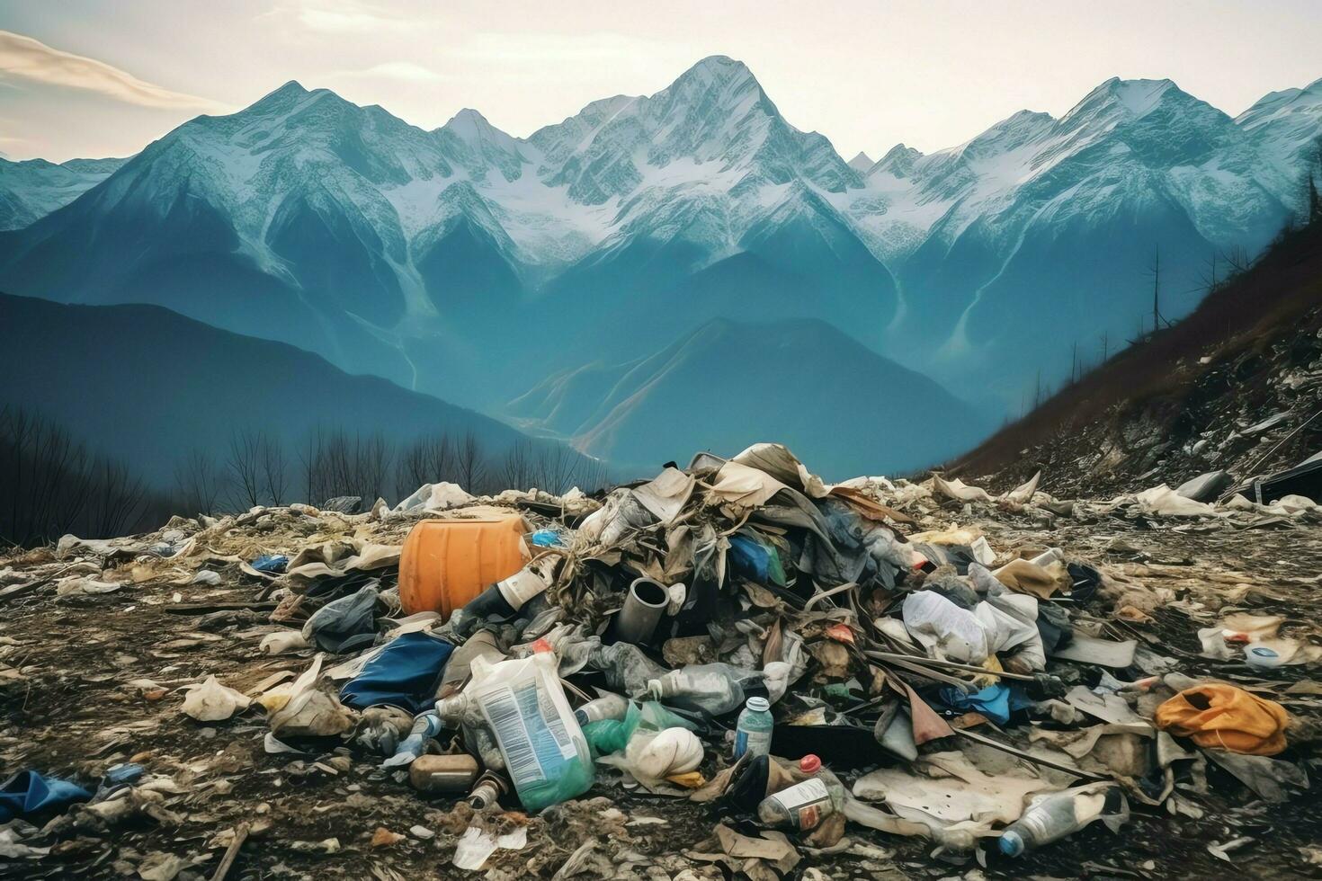 ambientale problema plastica spazzatura o spazzatura nel il montagna a partire dal globale riscaldamento. inquinamento concetto di ai generato foto