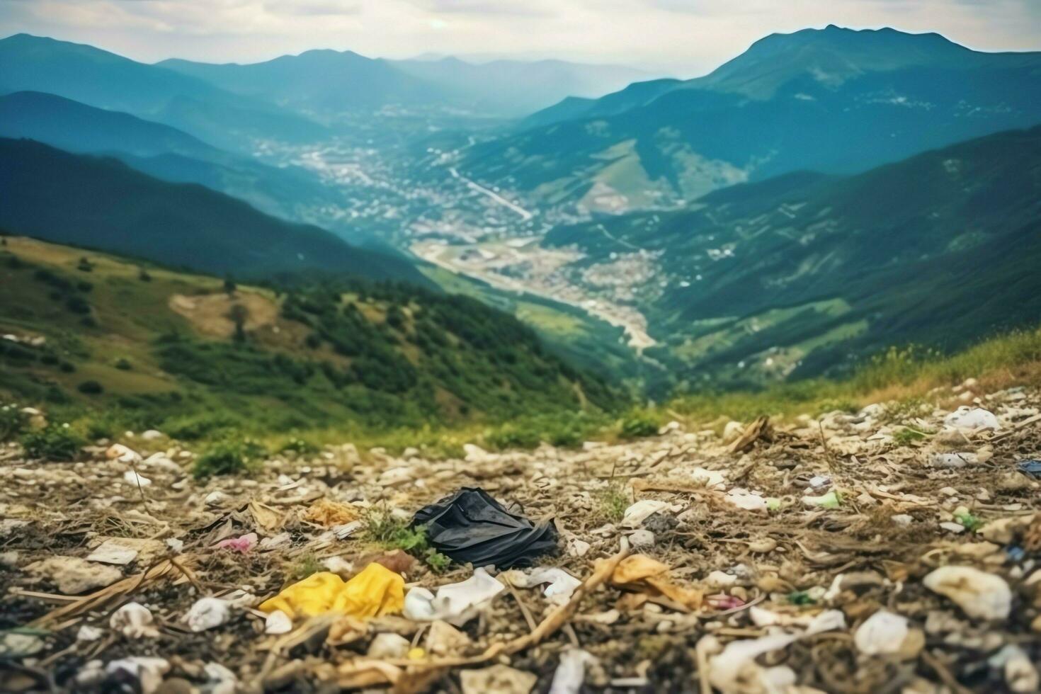 ambientale problema plastica spazzatura o spazzatura nel il montagna a partire dal globale riscaldamento. inquinamento concetto di ai generato foto