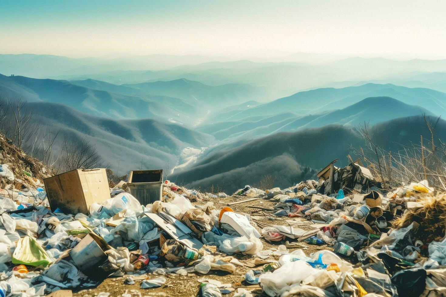 ambientale problema plastica spazzatura o spazzatura nel il montagna a partire dal globale riscaldamento. inquinamento concetto di ai generato foto