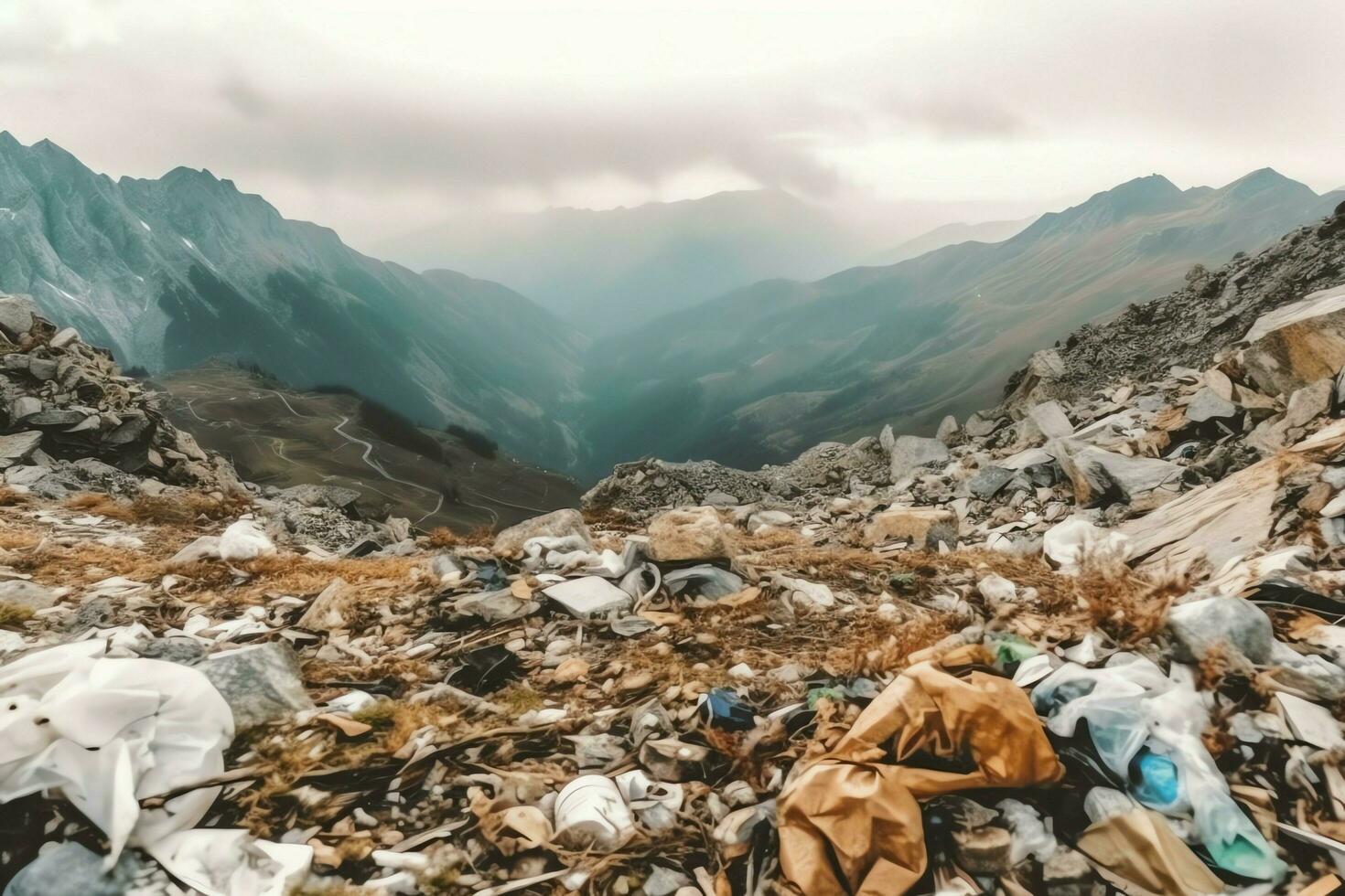 ambientale problema plastica spazzatura o spazzatura nel il montagna a partire dal globale riscaldamento. inquinamento concetto di ai generato foto