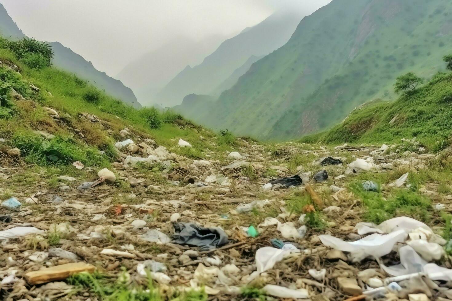 ambientale problema plastica spazzatura o spazzatura nel il montagna a partire dal globale riscaldamento. inquinamento concetto di ai generato foto